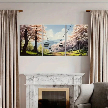 3pcs Sakura Cable Car Mountain View Forest Metal Print Ready to Hang Art