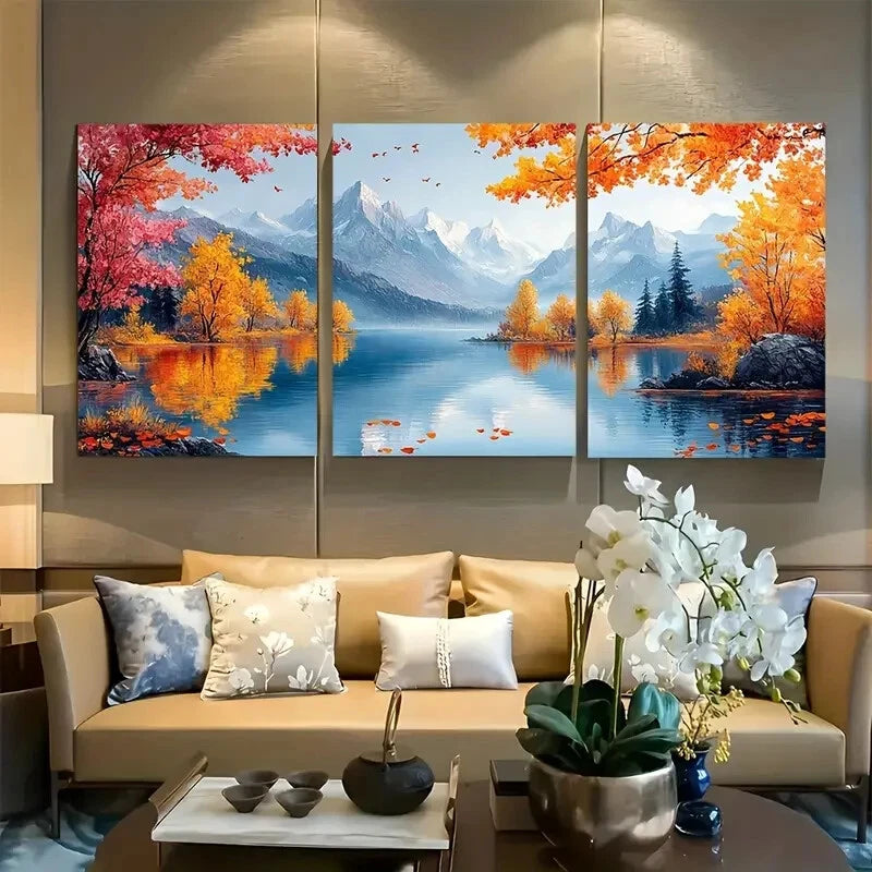 3pcs Colorful Flowers and Trees Mountains Design Metal Print Ready to Hang Art