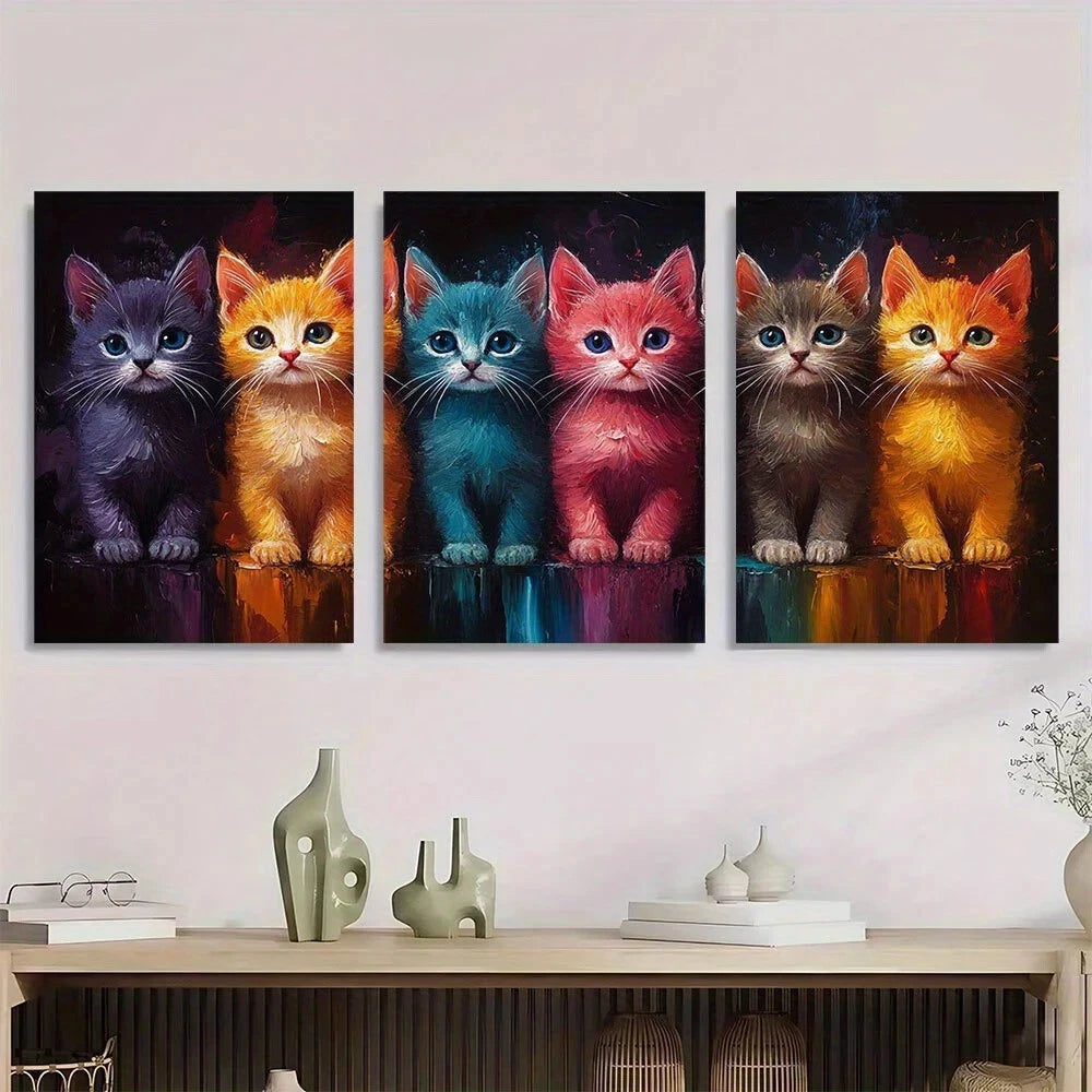 3pcs Colorful Cartoon Cats Animal Metal Print Ready to Hang Art