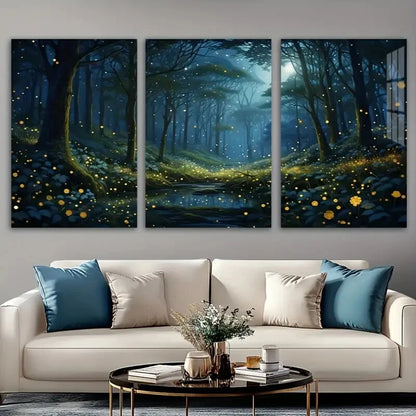 3pcs Moonlit Forest Fireflies Metal Print Ready to Hang Art