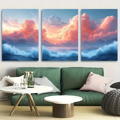 3pcs Vibrant Cloud with Ocean Waves Design Metal Print Ready to Hang Art