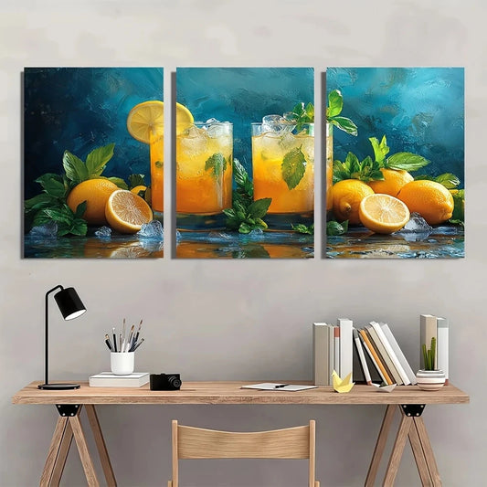 3pcs Lemon Cocktail Vibrant Colors Metal Print Ready to Hang Art