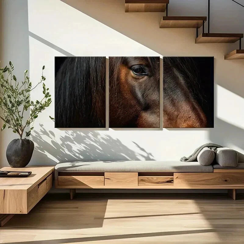 3pcs Horse Portraits Warm Tones & Expressive Eyes Metal Print Ready to Hang Art