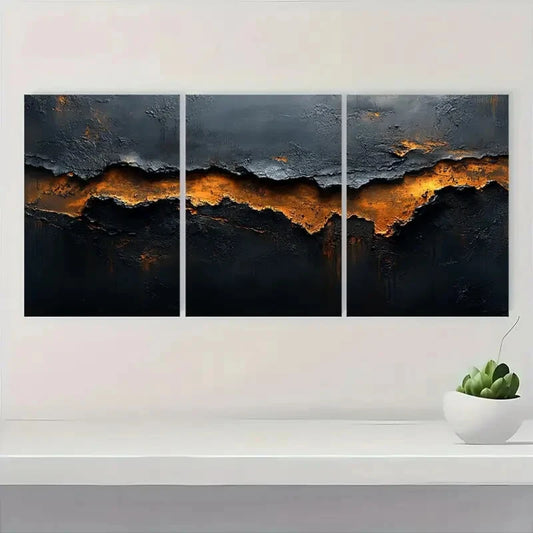 3pcs Abstract Black and Brown Textured Metal Print Ready to Hang Art