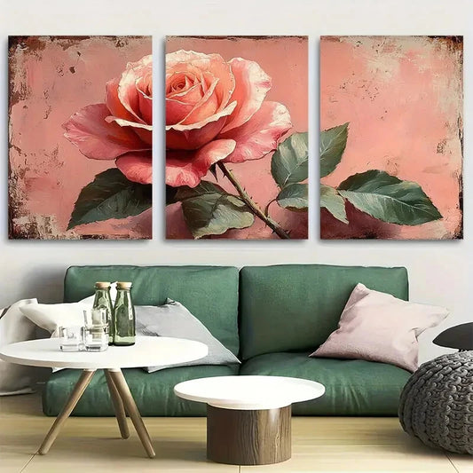 3pcs Rose Light Pink Botanical Metal Print Ready to Hang Art