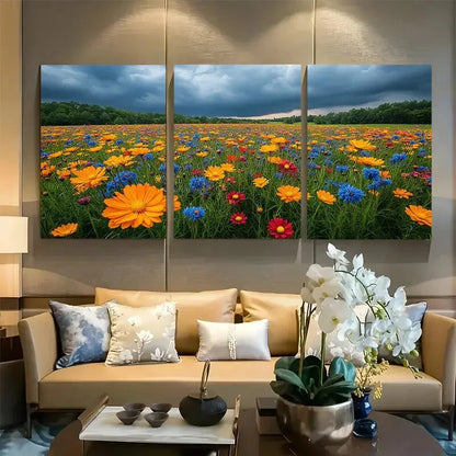 3pcs Field of Wildflowers In a Thunder Storm Metal Print Ready to Hang Art