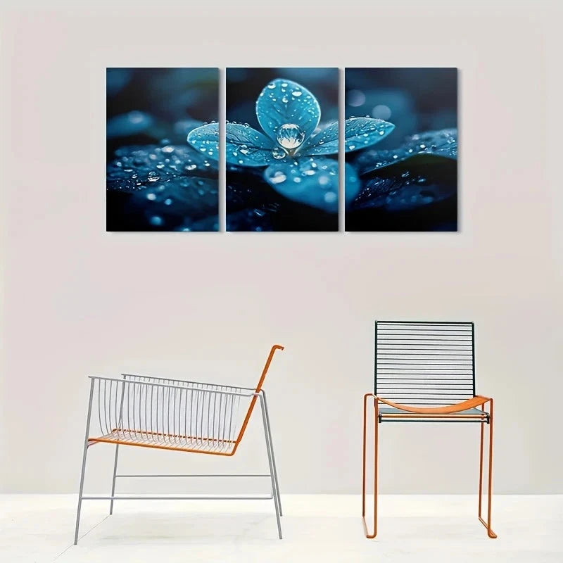 3pcs Blue Dewdrops on Leaves Nature Metal Print Ready to Hang Art