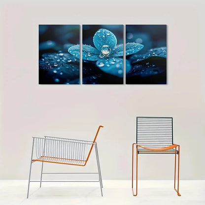 3pcs Blue Dewdrops on Leaves Nature Metal Print Ready to Hang Art