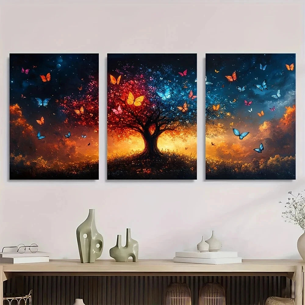 3pcs Vibrant Butterfly Tree Colorful Nature Metal Print Ready to Hang Art