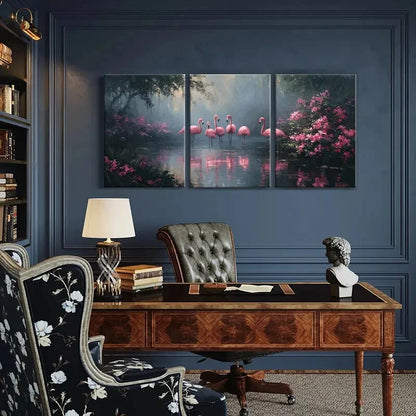 3pcs Artistic Flamingo Pond Pink Flowers Metal Print Ready to Hang Art