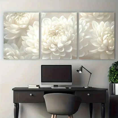 3pcs Serene White Chrysanthemum Floral Metal Print Ready to Hang Art