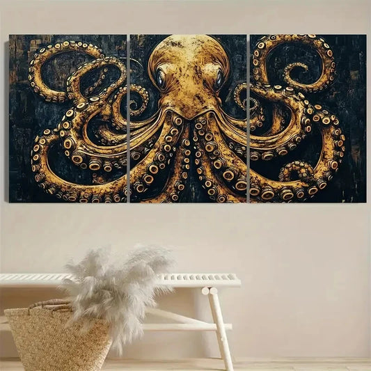 3pcs Octopus with Intricate Nautical Design Metal Print Ready to Hang Art