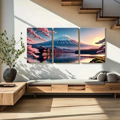 3pcs Mount Fuji and Sakura Lake Modern Wall Art Set Canvas Framed 40x60cm - High Quality Print 100% Australian Made Wall Canvas Ready to Hang