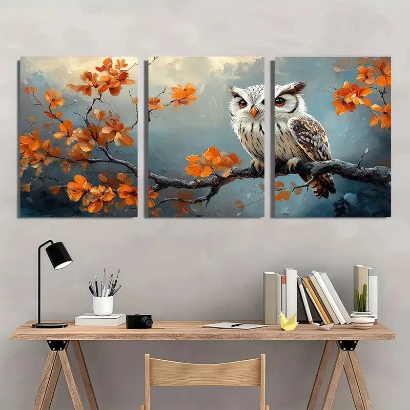 3pcs Vibrant Autumn Owl & Maple Leaf Metal Print Ready to Hang Art