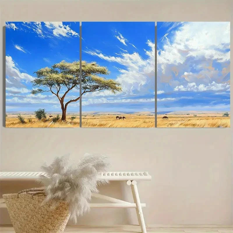 3pcs Blue Sky with Acacia Tree & Wildlife Wall Art Set Canvas Framed 50x70cm - High Quality Print 100% Australian Made Wall Canvas Ready to Hang
