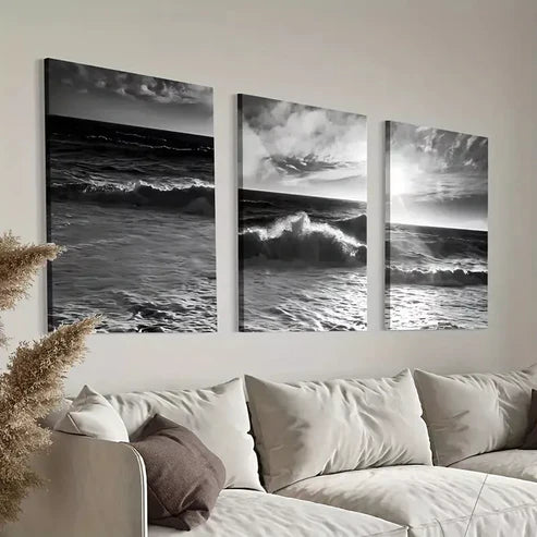 3pcs Dark Ocean Wave on Beach Canvas Framed 60x90cm - High Quality Print 100% Australian Made Wall Canvas Ready to Han
