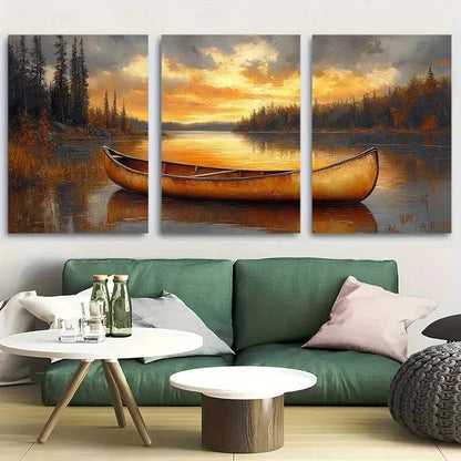 3pcs Vibrant Canoe in Lakehouse Metal Print Ready to Hang Art