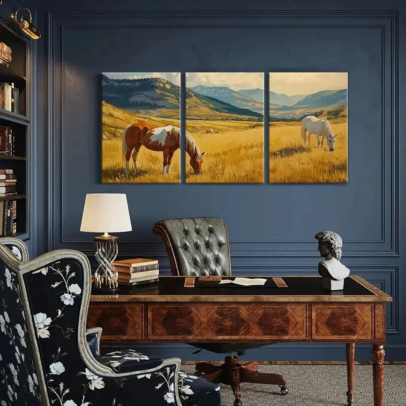3pcs Rustic Horse and Mountain Landscape Metal Print Ready to Hang Art
