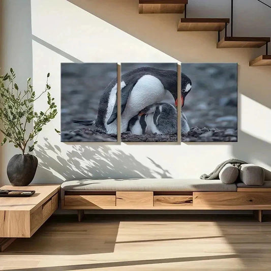 3pcs Animal Penguin Family Decoration Wall Art Set Canvas Framed 40x60cm - High Quality Print 100% Australian Made Wall Canvas Ready to Hang