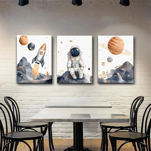 3pcs Astronaut Space Whimsical Space Perfect Wall Art Set Canvas Framed 50x70cm - High Quality Print 100% Australian Made Wall Canvas Ready to Hang