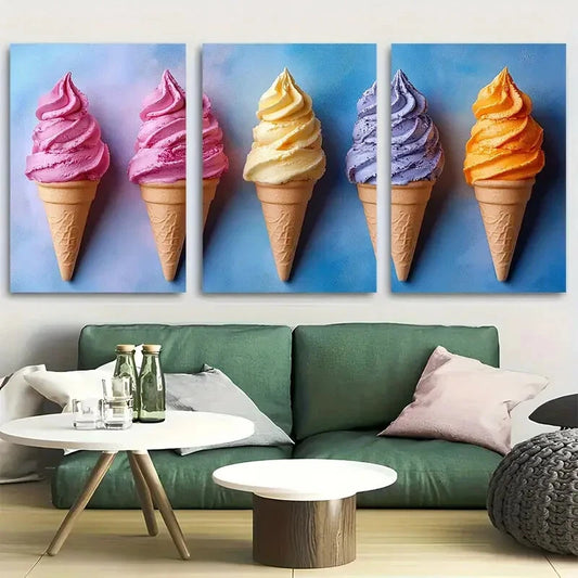 3pcs Rainbow Ice Cream Dessert Metal Print Ready to Hang Art