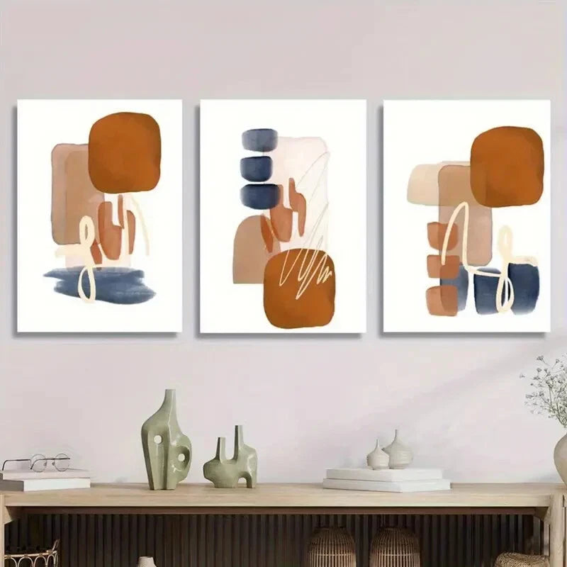 3pcs Geometric Shapes in Rust Navy Blue & Beige Metal Print Ready to Hang Art