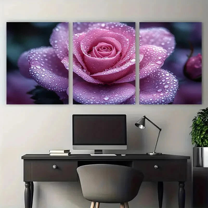 3pcs Pastel Violet Rose with Water Droplets Metal Print Ready to Hang Art