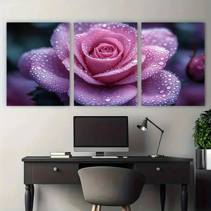 3pcs Pastel Violet Rose with Water Droplets Metal Print Ready to Hang Art