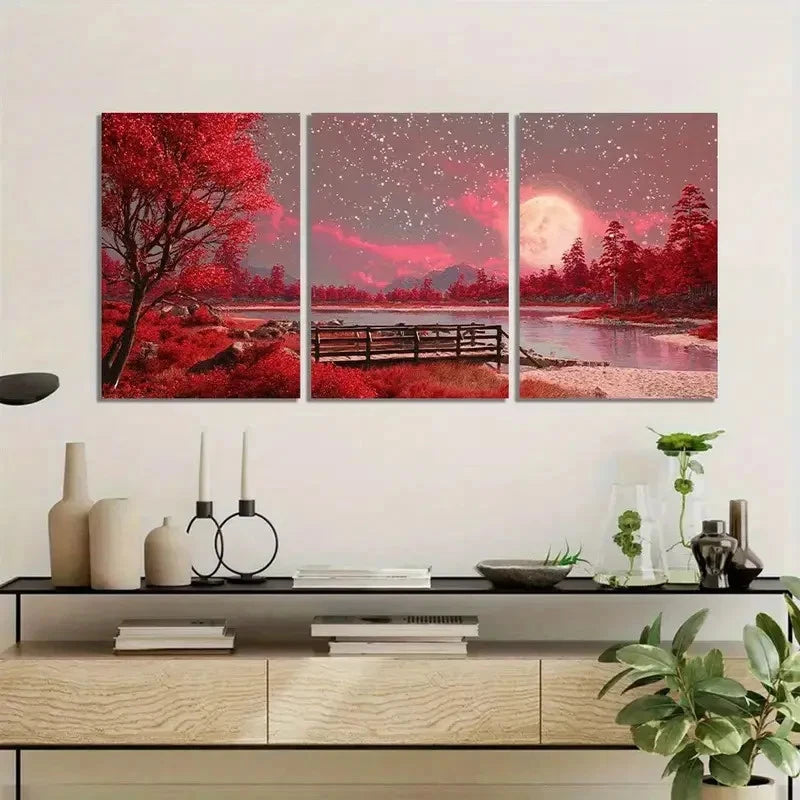 3pcs Cinematic Night Sky & Lake Painting Metal Print Ready to Hang Art
