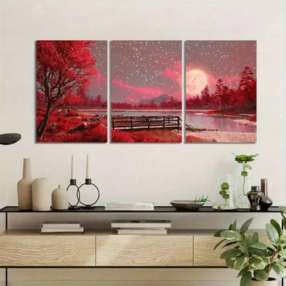 3pcs Cinematic Night Sky & Lake Painting Metal Print Ready to Hang Art
