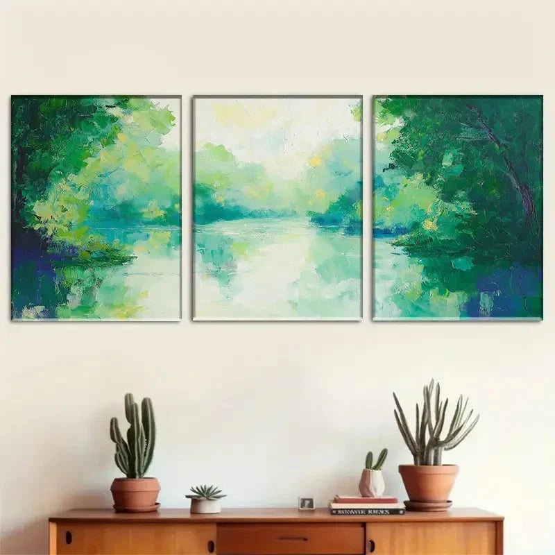 3pcs Fresh Forest Secret - Green Lake Scenery Metal Print Ready to Hang Art