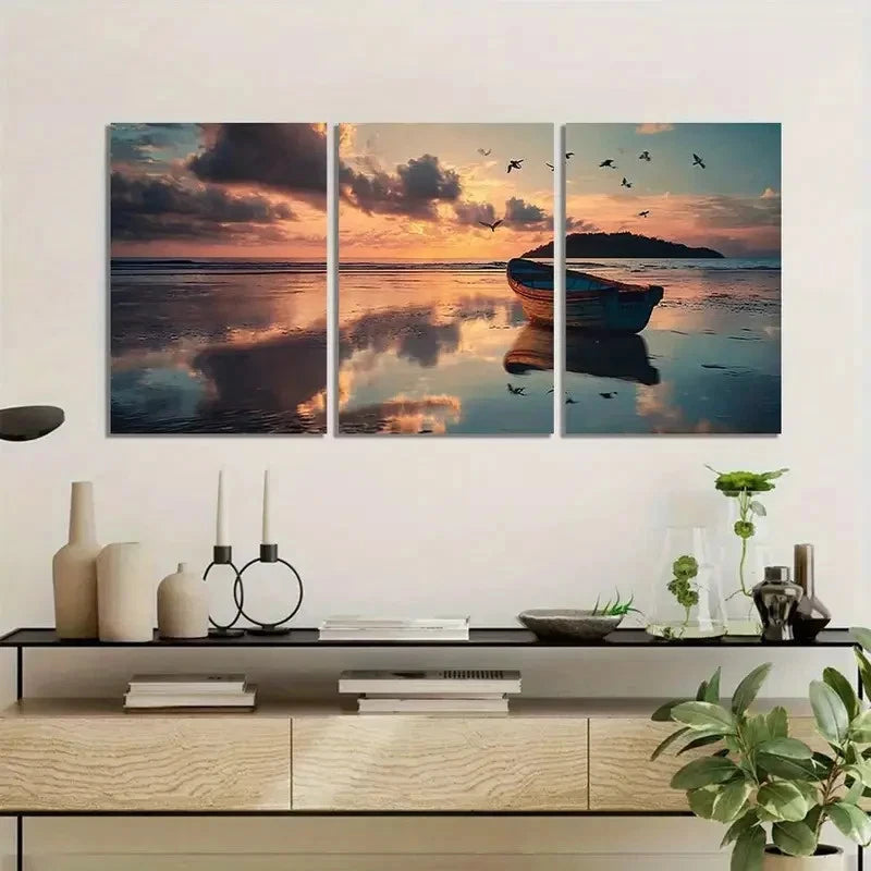 3pcs Sunset Beach Scene with Boat and Island Metal Print Ready to Hang Art