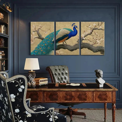3pcs Peacock Art Blossom Branches Elegant Design Metal Print Ready to Hang Art