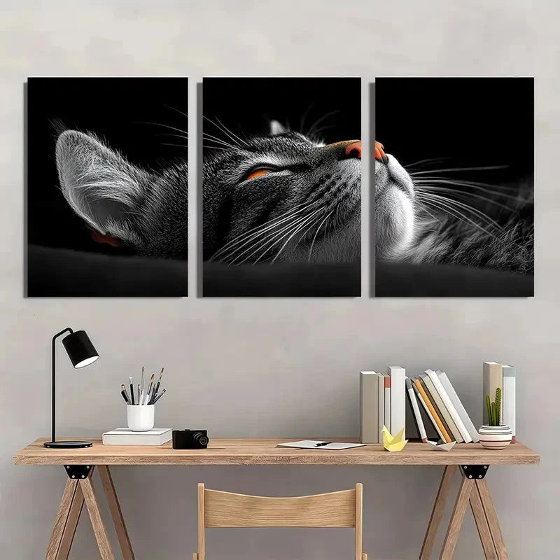 3pcs Black and White Whimsical Cat Wall Art Set Canvas Framed 60x90cm - High Quality Print 100% Australian Made Wall Canvas Ready to Hang