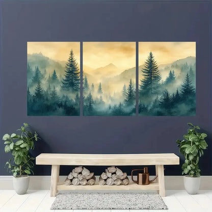 3pcs Serene Forest Landscape with Misty Mountains Metal Print Ready to Hang Art