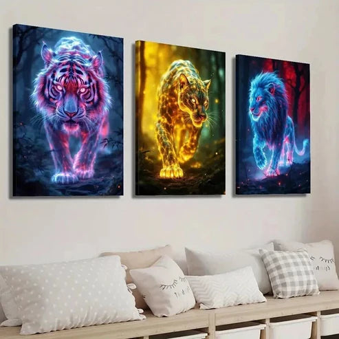 3pcs Glowing Wild Animal Tiger Cheetah and Lion Wall Art Set Canvas Unframed - High Quality Print 100% Australian Made Wall Canvas