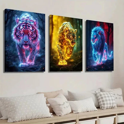 3pcs Glowing Wild Animal Tiger Cheetah and Lion Wall Art Set Canvas Unframed - High Quality Print 100% Australian Made Wall Canvas