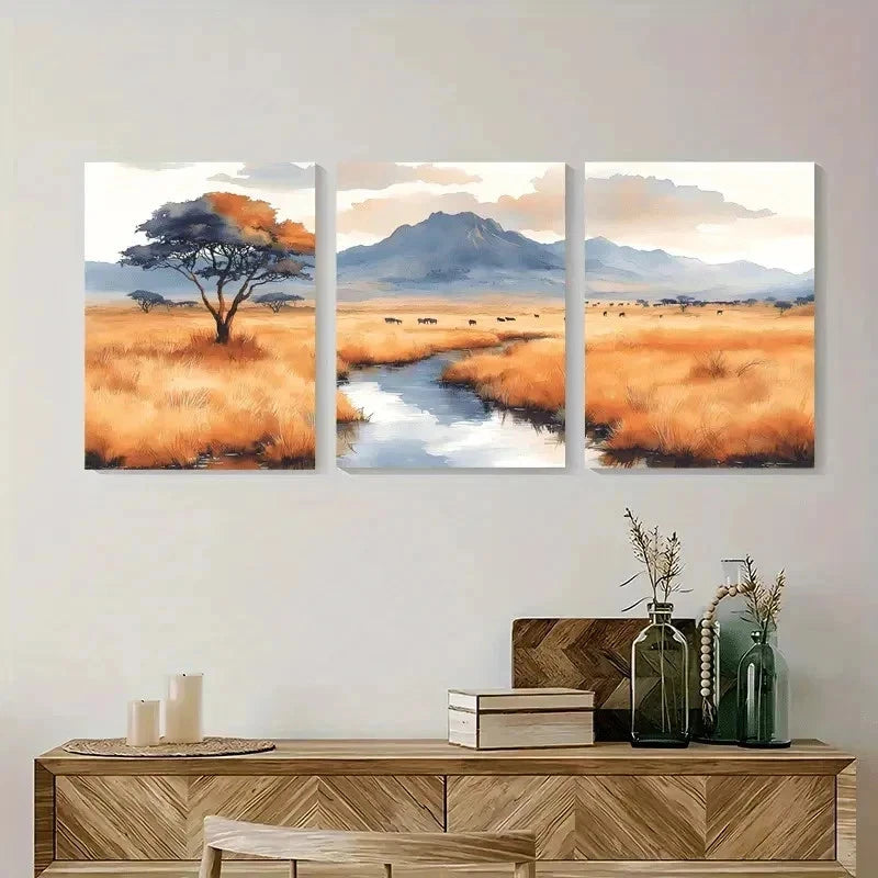 3pcs Serengetti National Park Painting Wall Art Set Canvas Framed 50x70cm - High Quality Print 100% Australian Made Wall Canvas Ready to Hang