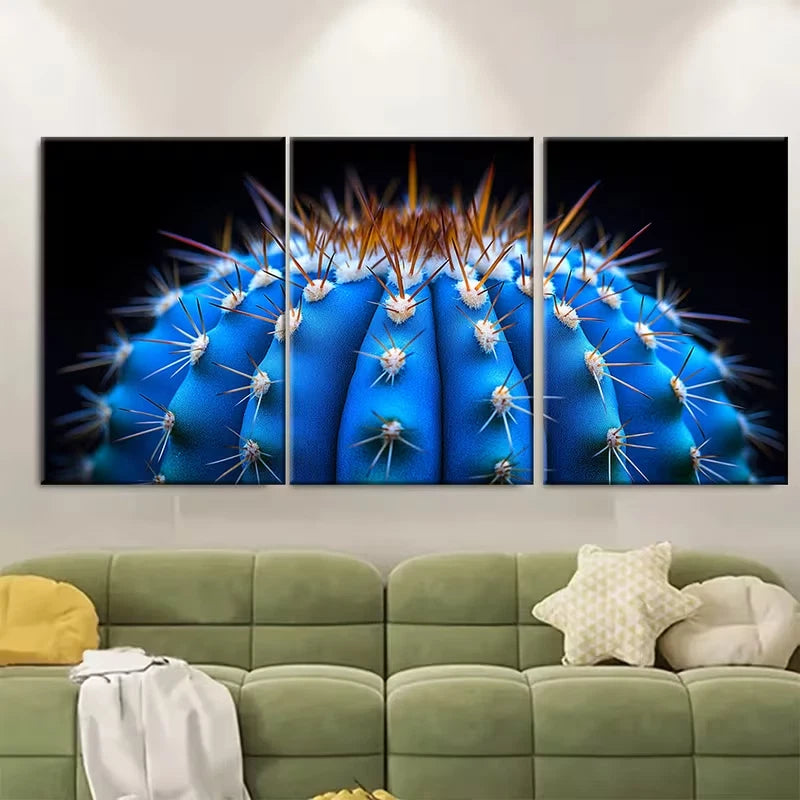 3pcs Vibrant Blue Cactus Close Up Metal Print Ready to Hang Art