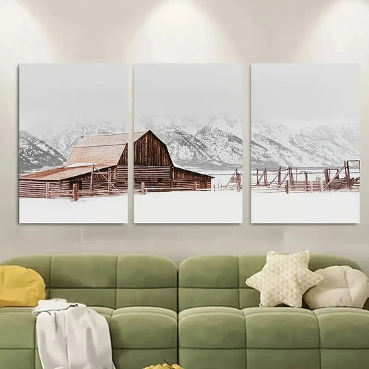 3pcs Rustic Snow Barn Winter Scene Metal Print Ready to Hang Art