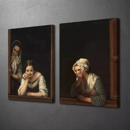 2pcs Victorian Women By The Window Sill Canvas Framed 50x75cm - High Quality Print 100% Australian Made Wall Canvas Ready to Hang - Bella Home Decor