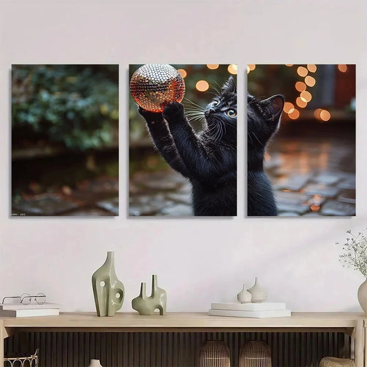 3pcs Animal Painting Funny Black Cats Metal Print Ready to Hang Art