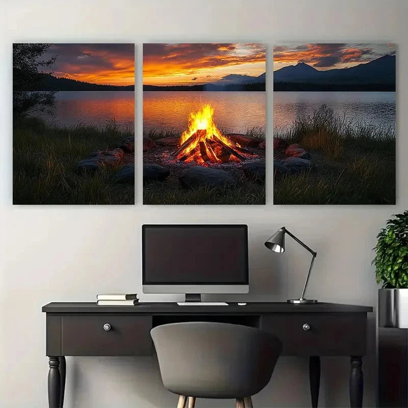 3pcs Bonfire Camping Illustration Metal Print Ready to Hang Art