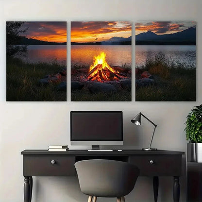 3pcs Bonfire Camping Illustration Metal Print Ready to Hang Art