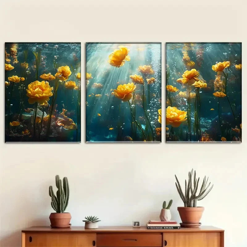 3pcs Underwater Vibrant Yellow Roses in Sunlight Metal Print Ready to Hang Art
