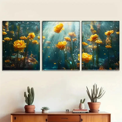 3pcs Underwater Vibrant Yellow Roses in Sunlight Metal Print Ready to Hang Art
