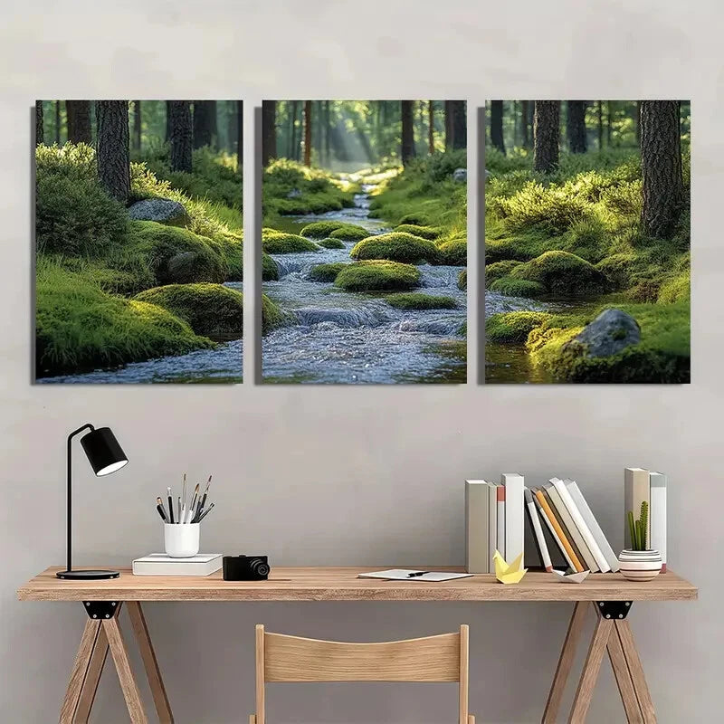 3pcs Mossy Stream Nature Scenery Metal Print Ready to Hang Art