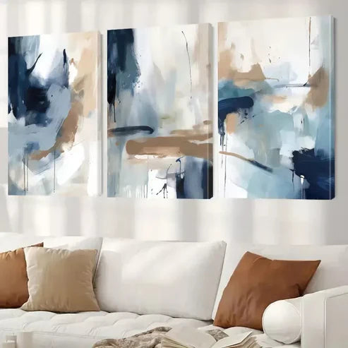 3pcs Abstract Wall Art In Shades Of Blue And Brown And White Wall Art Set Canvas Unframed - High Quality Print 100% Australian Made Wall Canvas