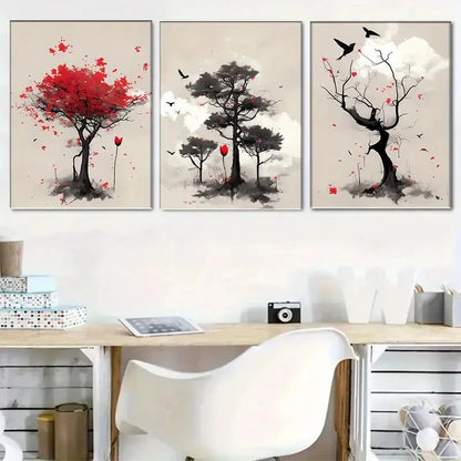 3pcs Vibrant Asian Red Ink Tree Landscape Metal Print Ready to Hang Art
