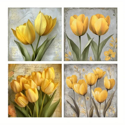 4pcs Yellow Tulips Canvas Artwork Wall Art Canvas Framed